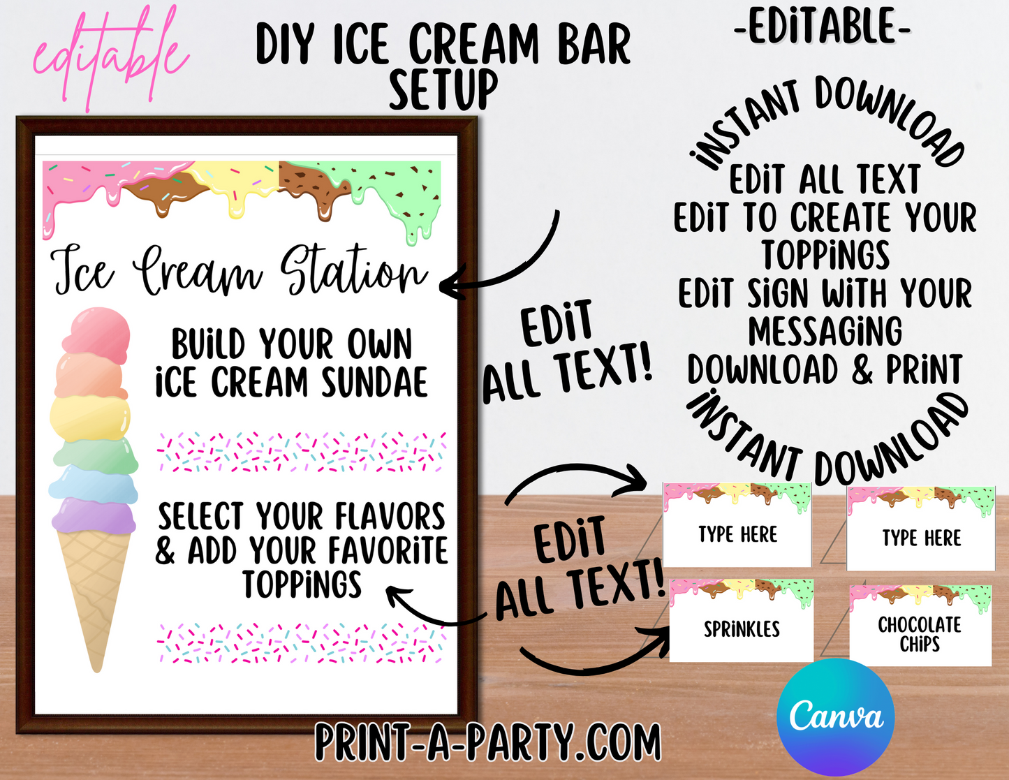 ICE CREAM BAR | ICE CREAM STATION - White | Editable and Printable Options | Make your own Ice Cream Sundae Sign | Ice Cream Bar Labels | 4th of July | Summer Parties | Backyard Party | Food Station for Party | Food Bar for Party