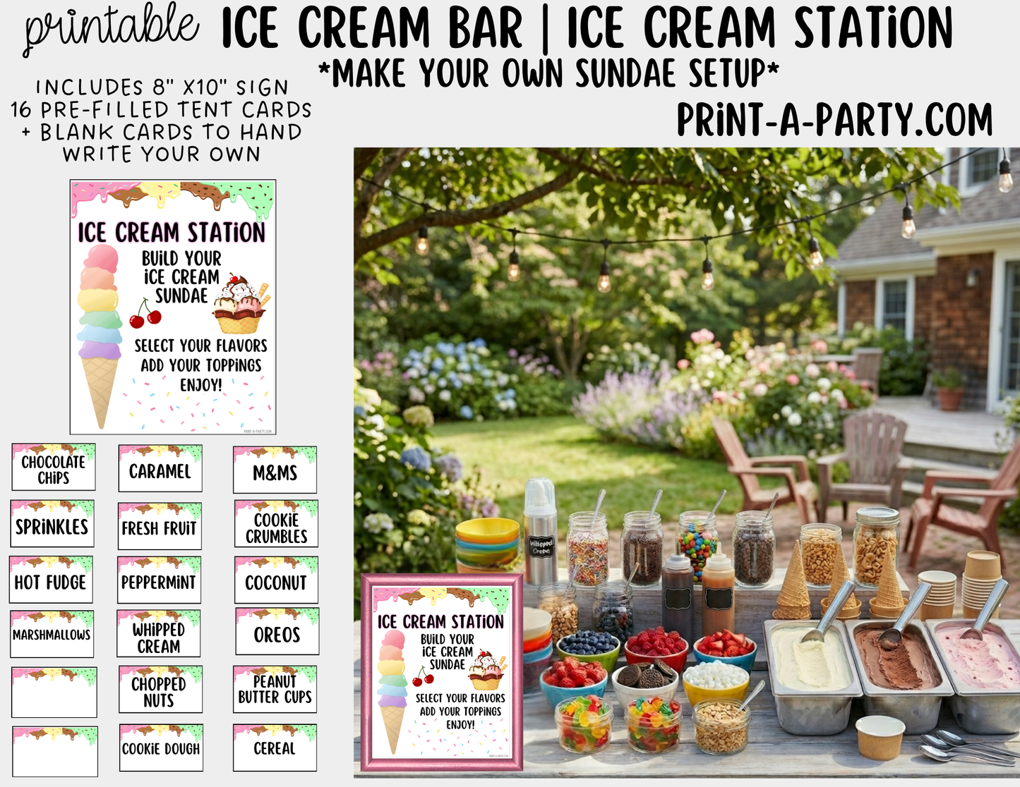 Ice Cream Sundae Bar Printable Sign (8x10) & Topping Tent Cards for Parties and Celebrations