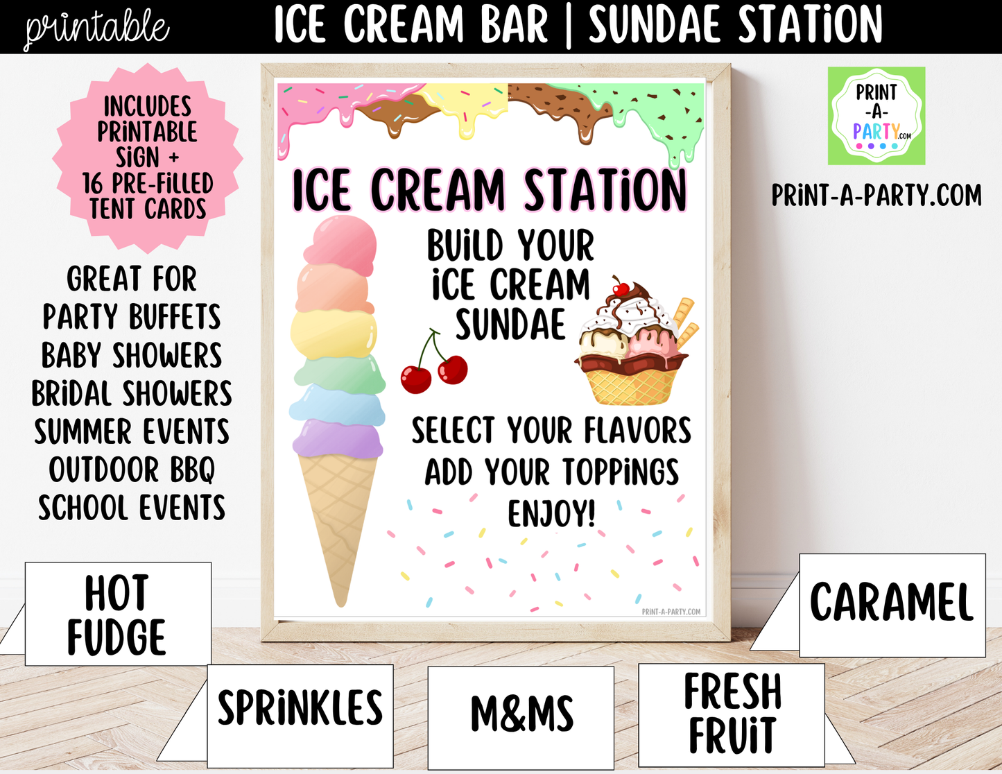 Ice Cream Sundae Bar Printable Sign (8x10) & Topping Tent Cards for Parties and Celebrations