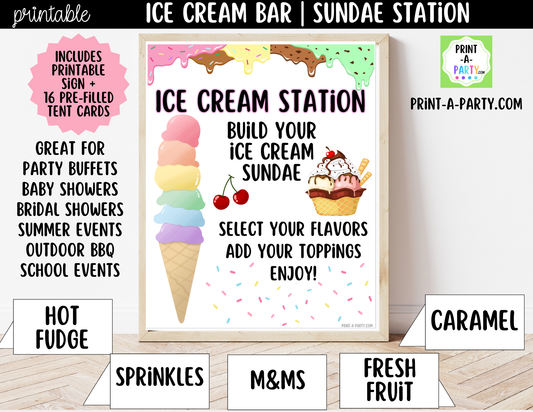 Ice Cream Sundae Bar Printable Sign (8x10) & Topping Tent Cards for Parties and Celebrations