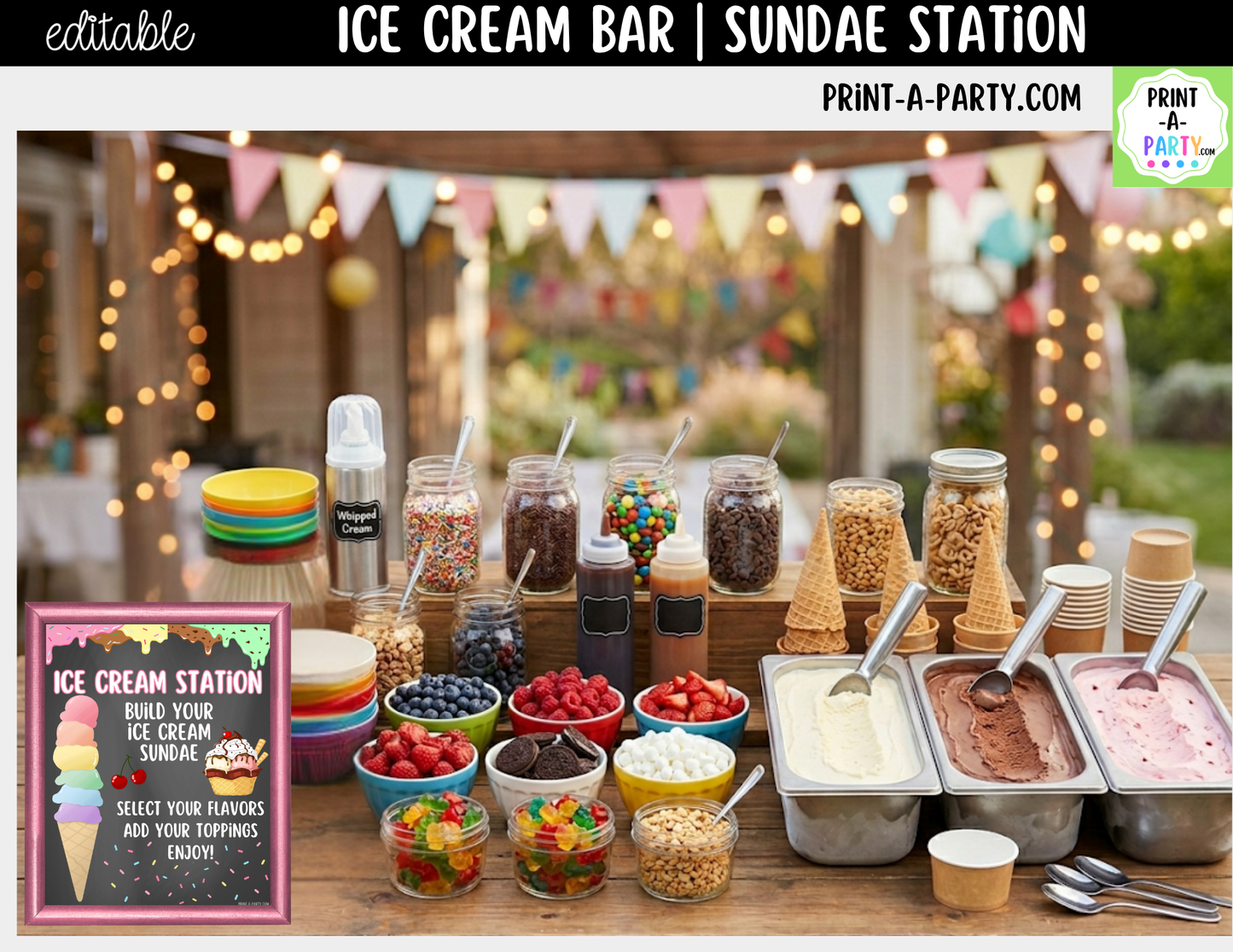 Editable Ice Cream Bar Printable Sign (8x10) and Topping Tent Cards - Printable Sundae Bar for Parties and Dessert Tables
