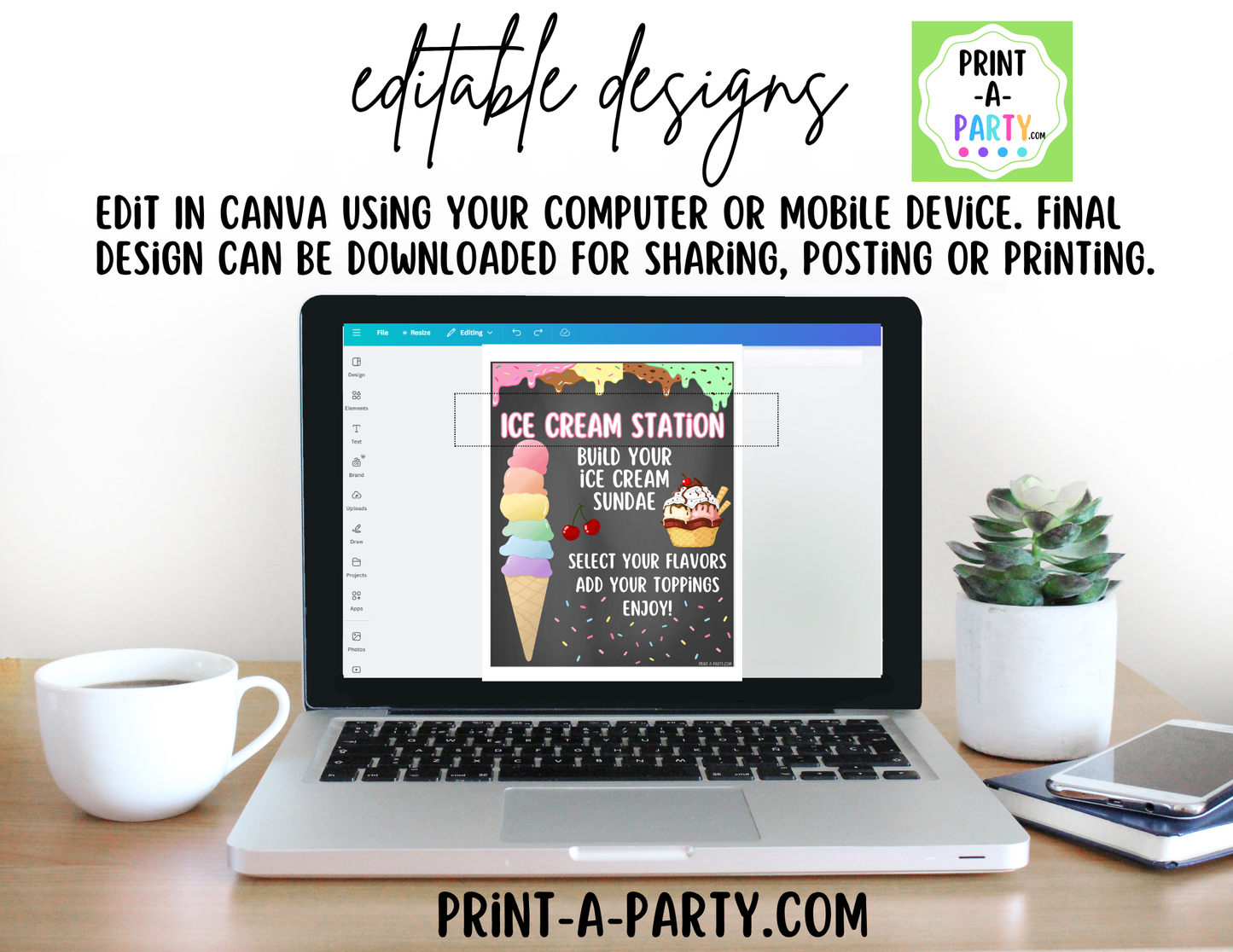 Editable Ice Cream Bar Printable Sign (8x10) and Topping Tent Cards - Printable Sundae Bar for Parties and Dessert Tables