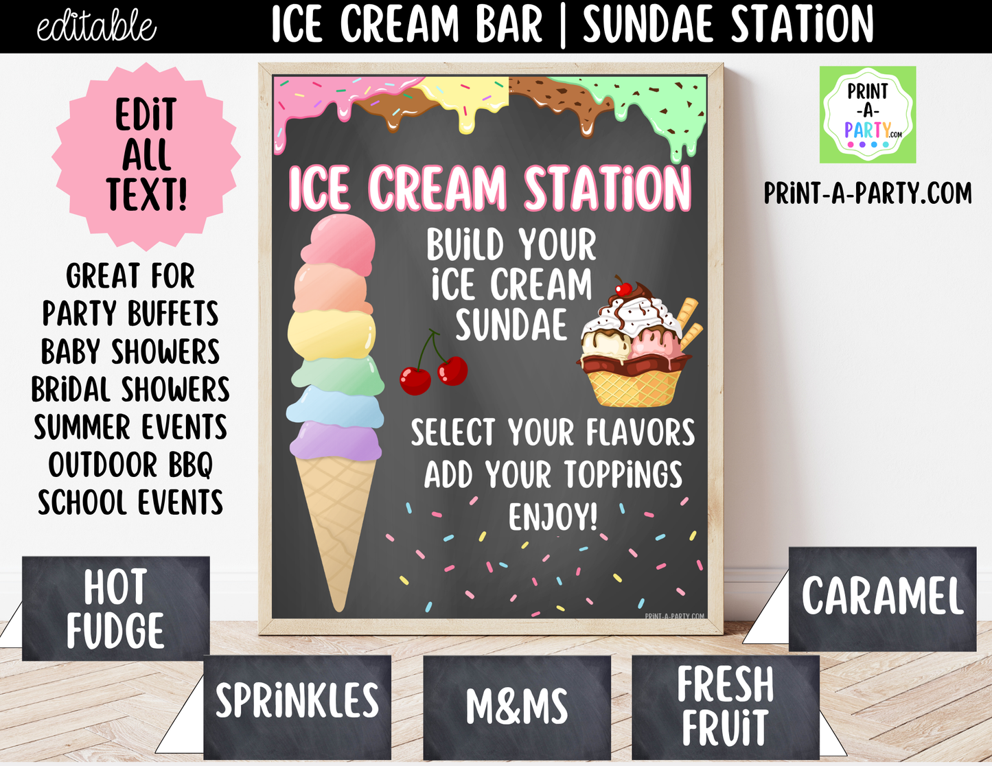 Editable Ice Cream Bar Printable Sign (8x10) and Topping Tent Cards - Printable Sundae Bar for Parties and Dessert Tables