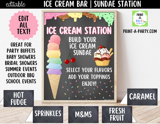 Editable Ice Cream Bar Printable Sign (8x10) and Topping Tent Cards - Printable Sundae Bar for Parties and Dessert Tables