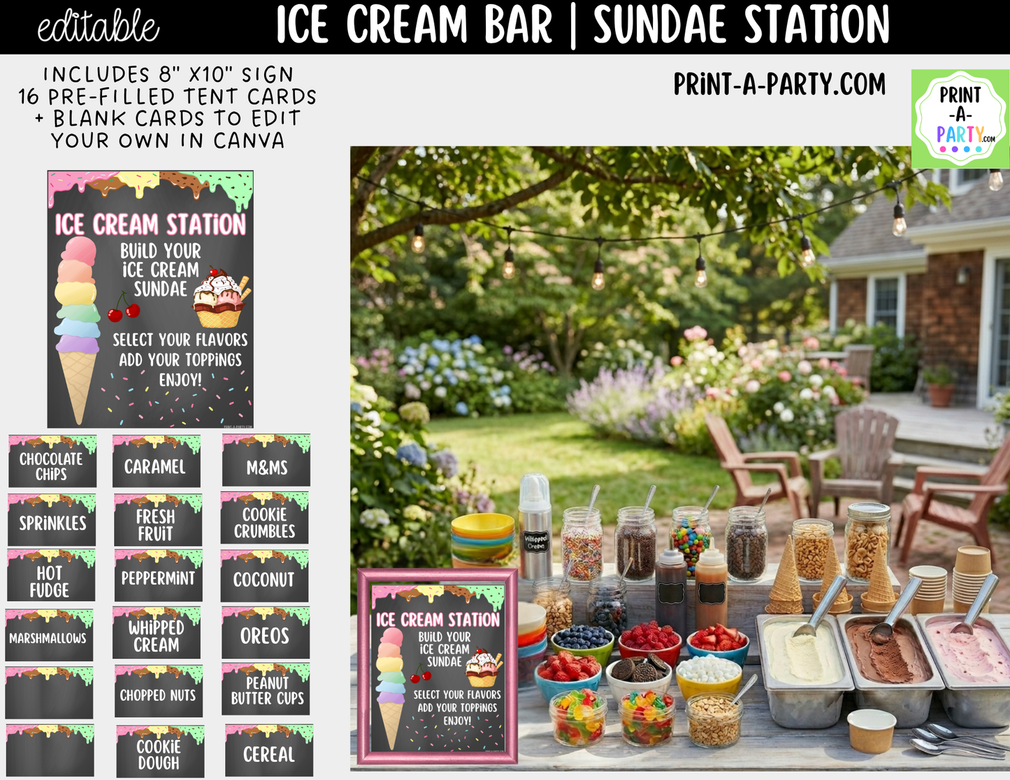 Editable Ice Cream Bar Printable Sign (8x10) and Topping Tent Cards - Printable Sundae Bar for Parties and Dessert Tables