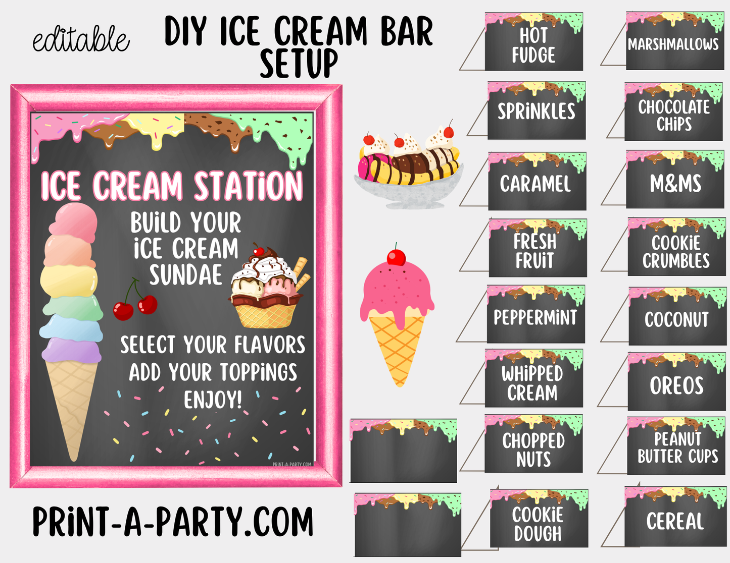 Editable Ice Cream Bar Printable Sign (8x10) and Topping Tent Cards - Printable Sundae Bar for Parties and Dessert Tables