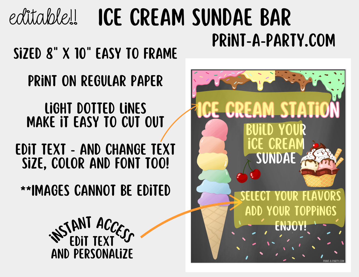 Editable Ice Cream Bar Printable Sign (8x10) and Topping Tent Cards - Printable Sundae Bar for Parties and Dessert Tables