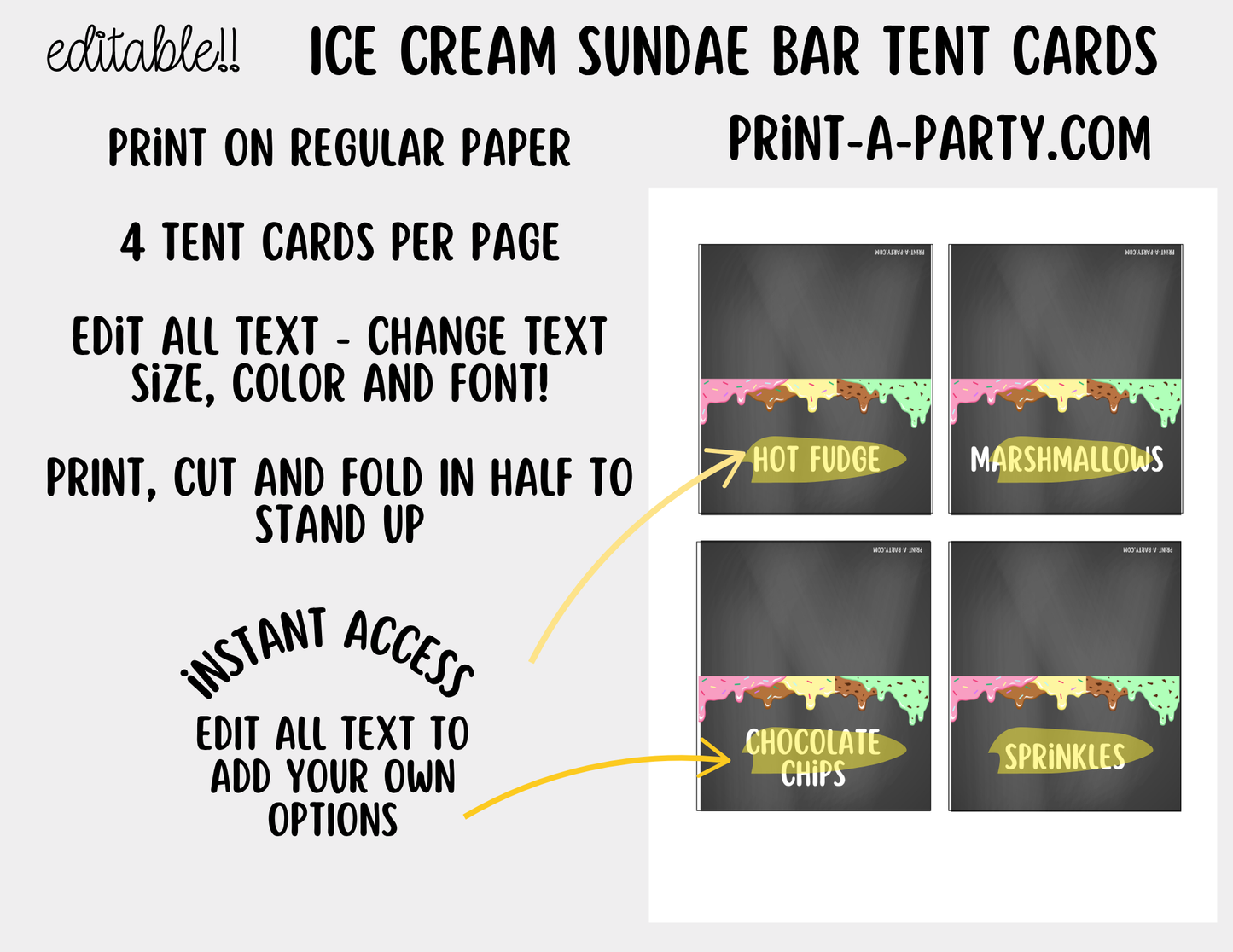 Editable Ice Cream Bar Printable Sign (8x10) and Topping Tent Cards - Printable Sundae Bar for Parties and Dessert Tables
