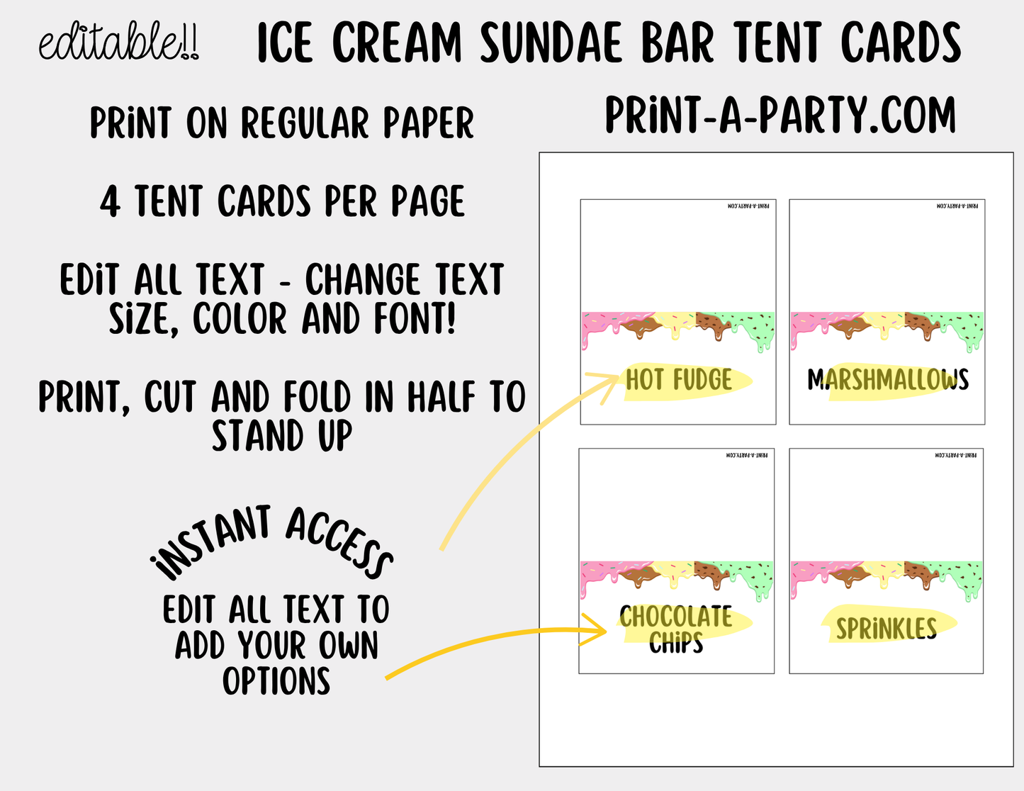 Editable Ice Cream Bar Printable Sign (8x10) and Topping Tent Cards - Printable Sundae Bar for Parties and Dessert Tables
