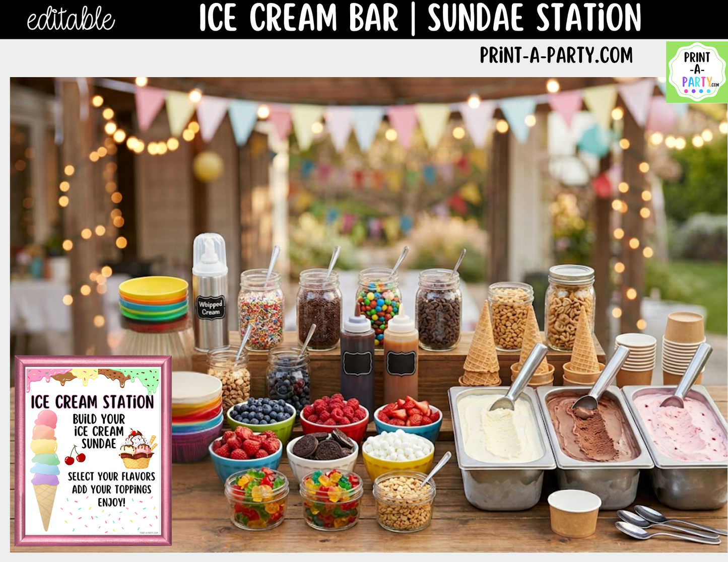 Editable Ice Cream Bar Printable Sign (8x10) and Topping Tent Cards - Printable Sundae Bar for Parties and Dessert Tables