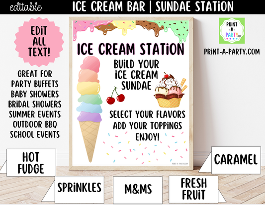 Editable Ice Cream Bar Printable Sign (8x10) and Topping Tent Cards - Printable Sundae Bar for Parties and Dessert Tables