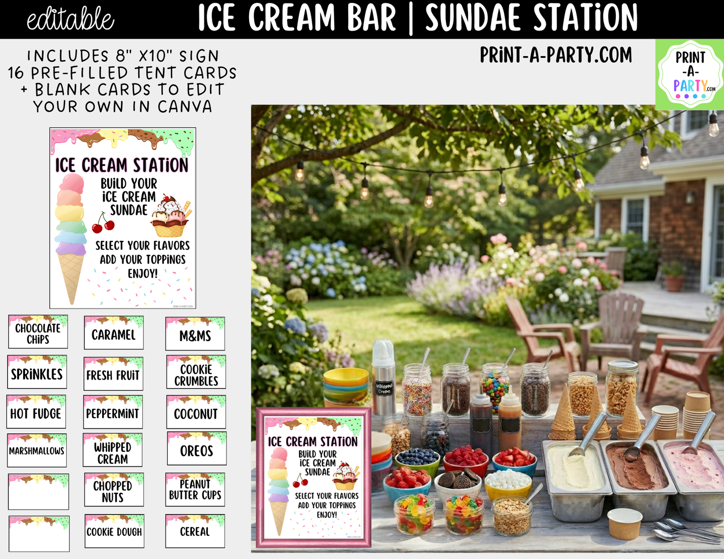 Editable Ice Cream Bar Printable Sign (8x10) and Topping Tent Cards - Printable Sundae Bar for Parties and Dessert Tables