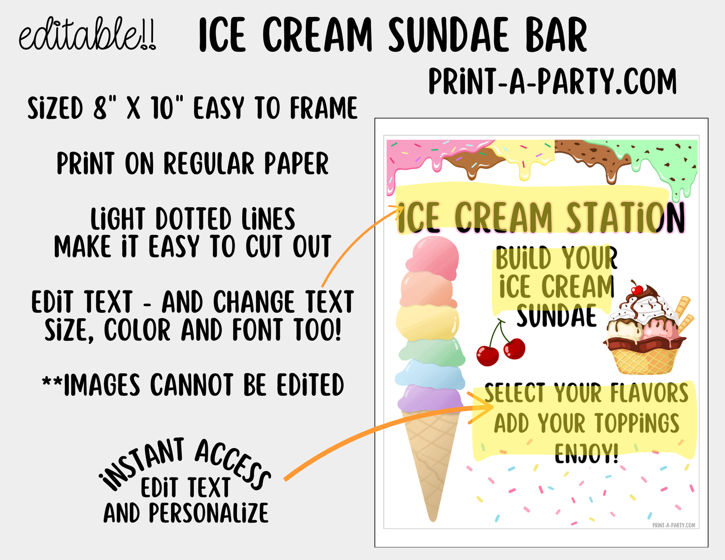 Editable Ice Cream Bar Printable Sign (8x10) and Topping Tent Cards - Printable Sundae Bar for Parties and Dessert Tables