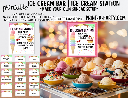 ICE CREAM BAR | ICE CREAM SUNDAE STATION - White | Ice Cream Bar Sign | Food Station for Party | Party Food Bar | Party | Classroom | DIY Ice Cream Sundae Bar