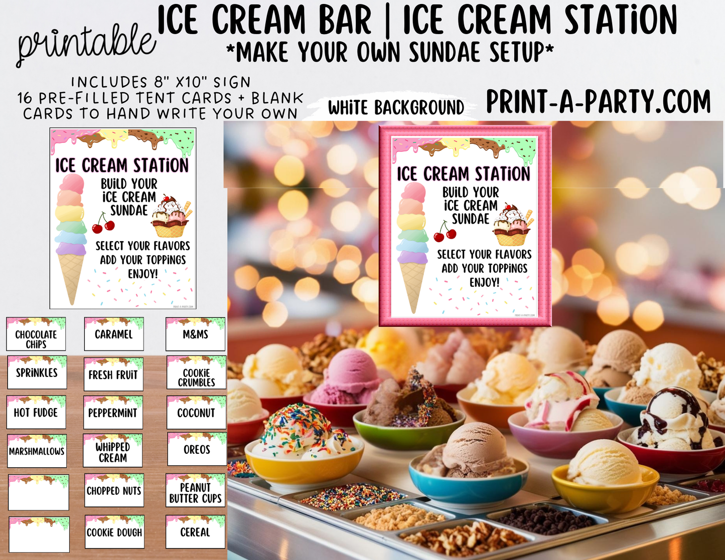 Ice Cream Bar Printable – Dessert Station Sign & Topping Tent Cards for Parties and Celebrations