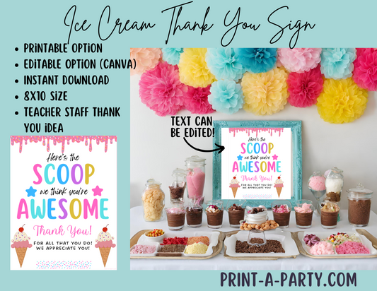 Appreciation Sign: ICE CREAM STATION Sign | EDITABLE or PRINTABLE Ice Cream Thank You Sign | Thank You Sign for Teachers Staff Employee Appreciation | Dessert Table Sign