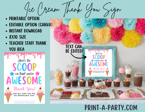 ICE CREAM STATION FOR APPRECIATION | EDITABLE or PRINTABLE Ice Cream Thank You Sign | Thank You Sign for Teachers Staff Employee Appreciation | Dessert Table Sign