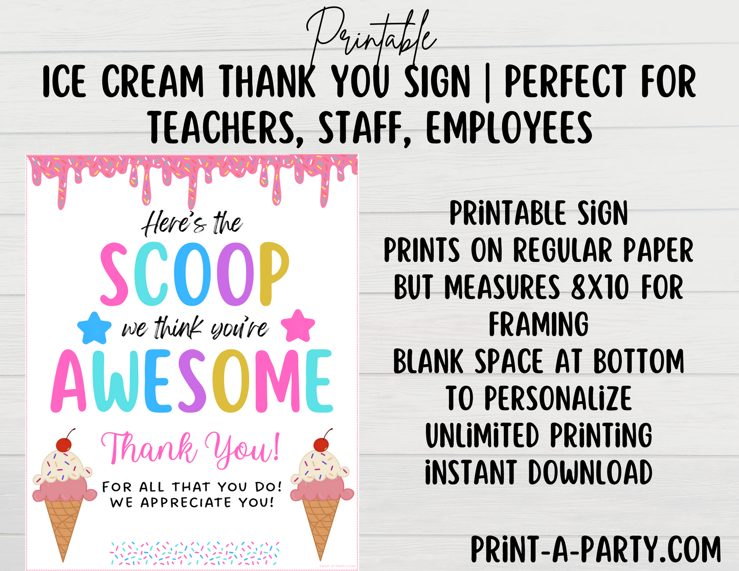 ICE CREAM STATION FOR APPRECIATION | EDITABLE or PRINTABLE Ice Cream Thank You Sign | Thank You Sign for Teachers Staff Employee Appreciation | Dessert Table Sign