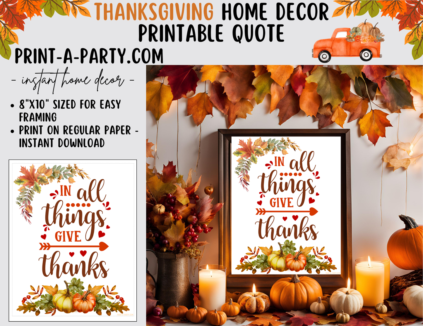 PRINTABLE QUOTE | Instant Art Word Art | In All Things Give Thanks |Thanksgiving Quotes | Thanksgiving Home Decor