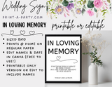 IN LOVING MEMORY EDITABLE & PRINTABLE | Wedding Sign | Memorial Sign | Wedding Table Sign | INSTANT DOWNLOAD