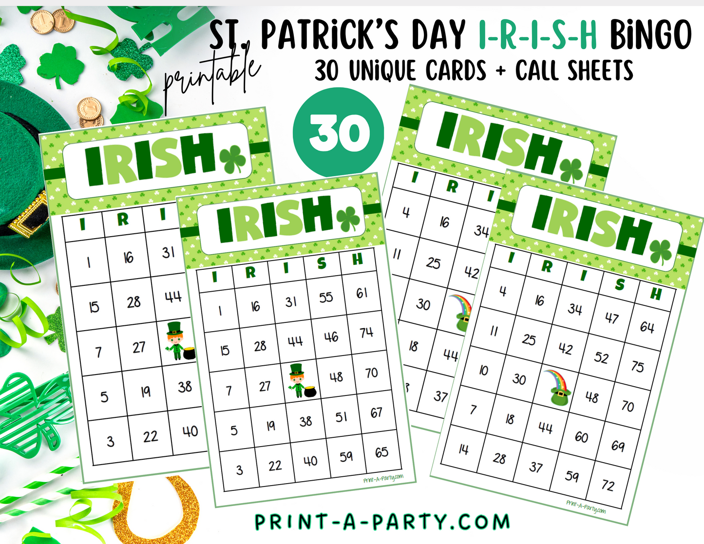 BINGO: St. Patrick's Day I-R-I-S-H Bingo | Irish Bingo | Leprechaun | Shamrock | Pot of Gold | Classrooms | Parties | Birthday | 30, 40, or 50 cards - INSTANT DOWNLOAD