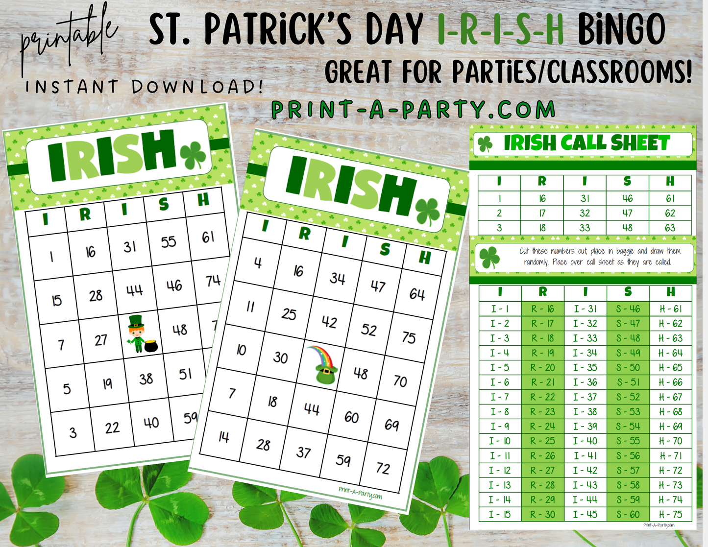 BINGO: St. Patrick's Day I-R-I-S-H Bingo | Irish Bingo | Leprechaun | Shamrock | Pot of Gold | Classrooms | Parties | Birthday | 30, 40, or 50 cards - INSTANT DOWNLOAD