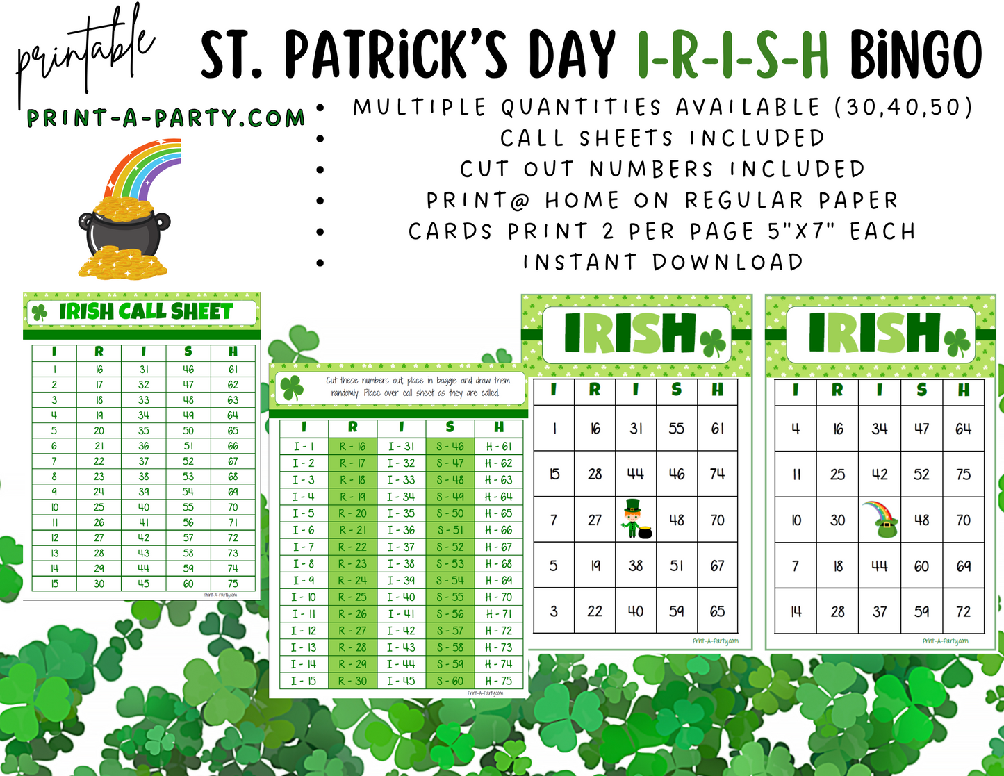 BINGO: St. Patrick's Day I-R-I-S-H Bingo | Irish Bingo | Leprechaun | Shamrock | Pot of Gold | Classrooms | Parties | Birthday | 30, 40, or 50 cards - INSTANT DOWNLOAD