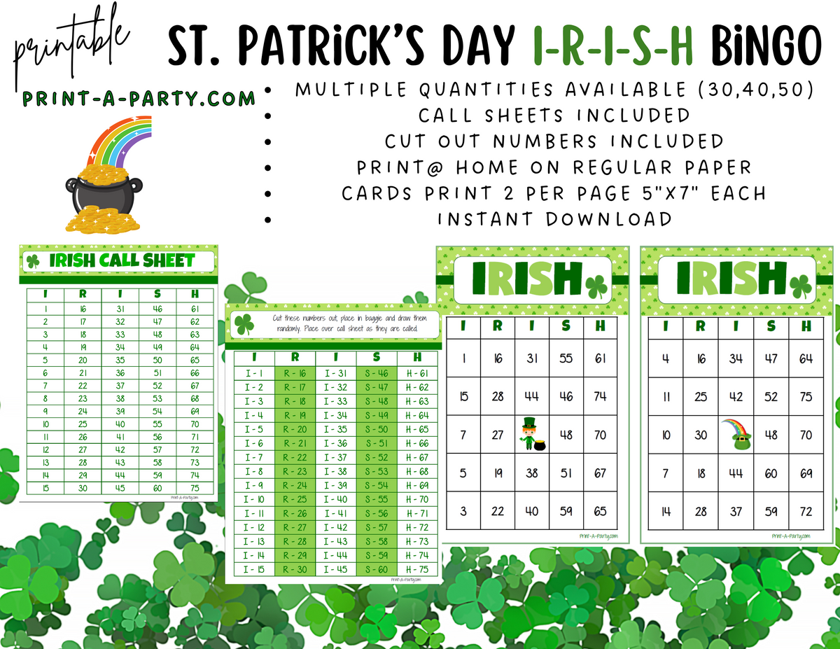 BINGO: St. Patrick's Day I-R-I-S-H Bingo | Irish Bingo | Leprechaun ...