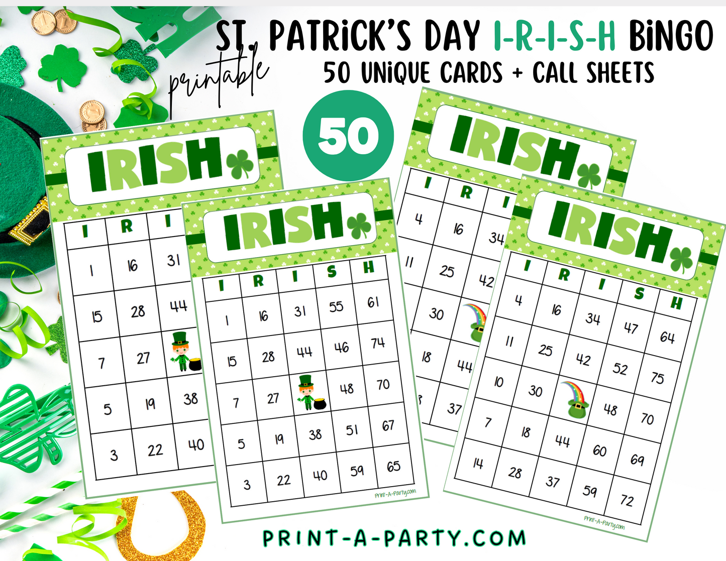 BINGO: St. Patrick's Day I-R-I-S-H Bingo | Irish Bingo | Leprechaun | Shamrock | Pot of Gold | Classrooms | Parties | Birthday | 30, 40, or 50 cards - INSTANT DOWNLOAD