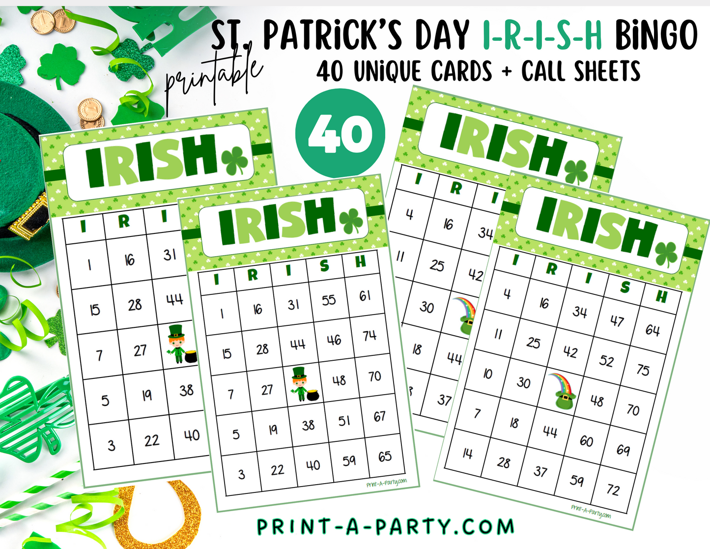 BINGO: St. Patrick's Day I-R-I-S-H Bingo | Irish Bingo | Leprechaun | Shamrock | Pot of Gold | Classrooms | Parties | Birthday | 30, 40, or 50 cards - INSTANT DOWNLOAD