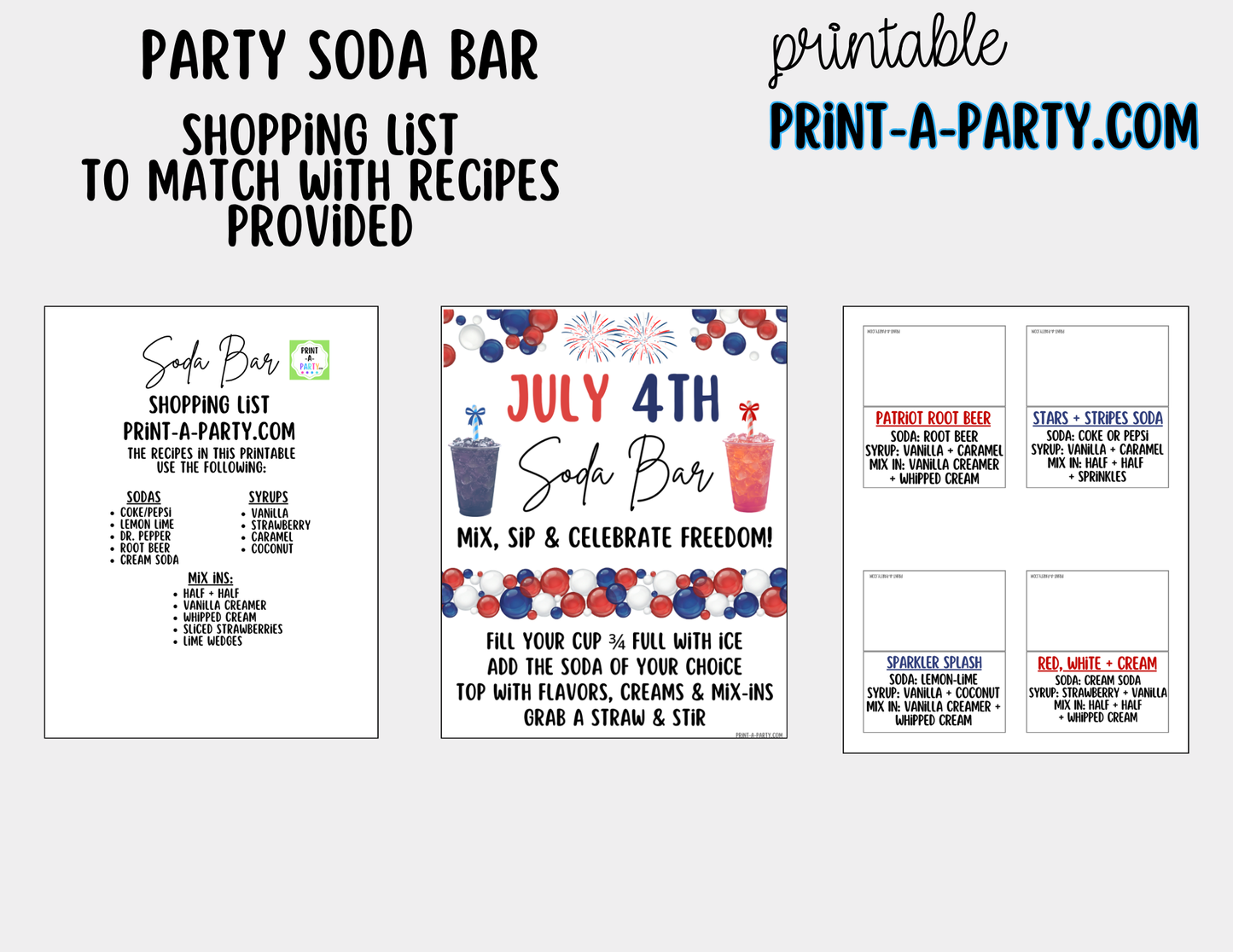 Patriotic 4th of July "Dirty" Soda Bar Printable Kit - Sign (8x10)& Recipe Tent Cards (12 recipes!) Drink Station Decor