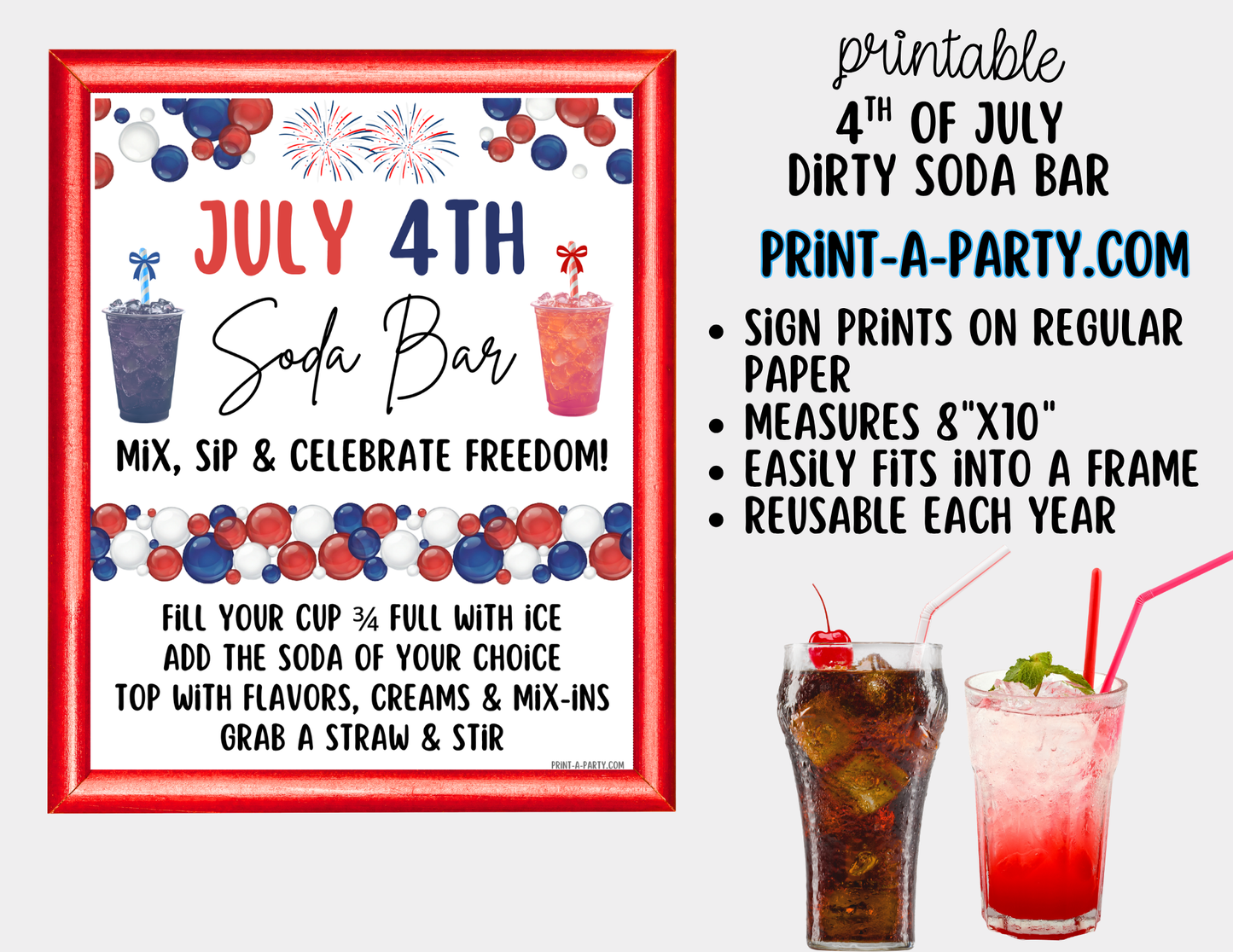 Patriotic 4th of July "Dirty" Soda Bar Printable Kit - Sign (8x10)& Recipe Tent Cards (12 recipes!) Drink Station Decor