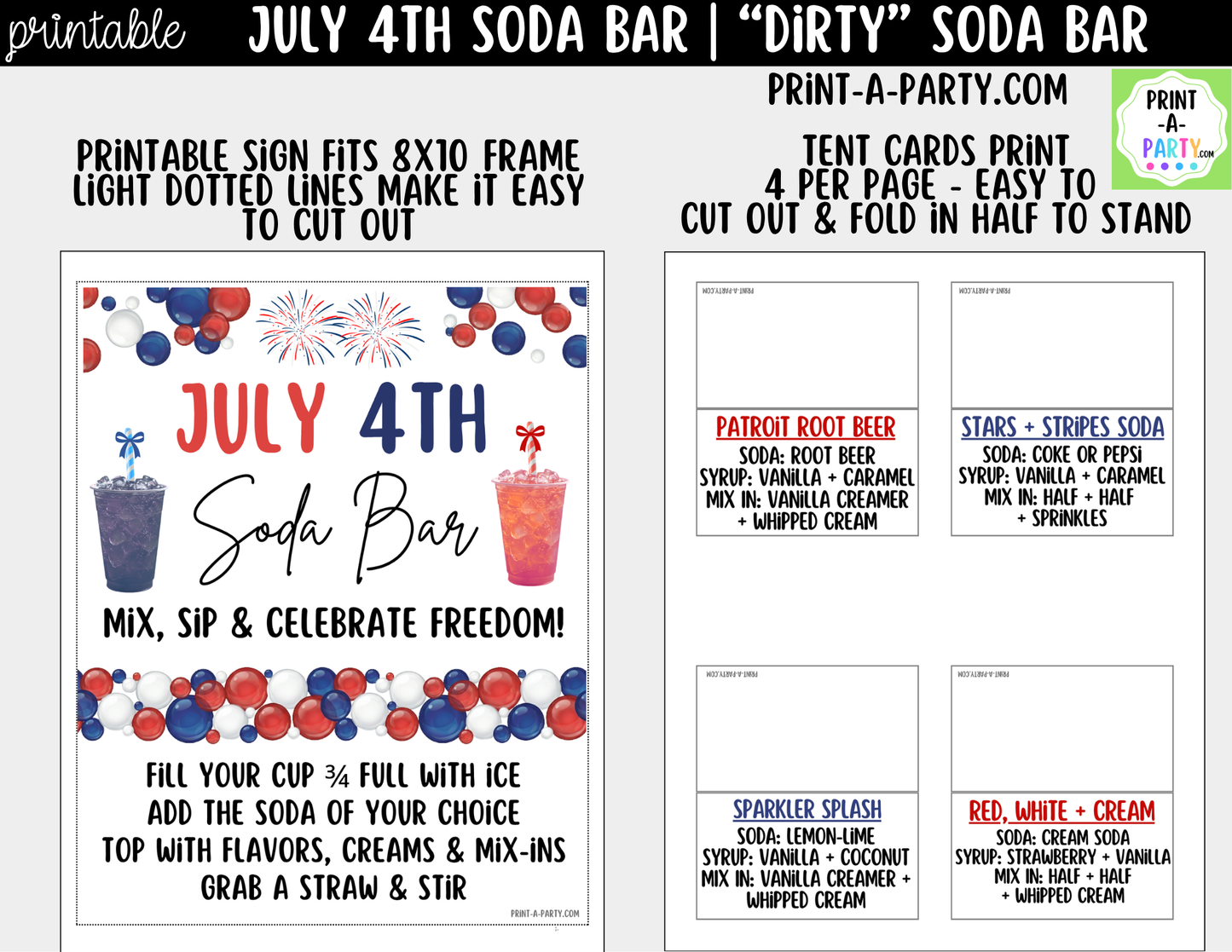 Patriotic 4th of July "Dirty" Soda Bar Printable Kit - Sign (8x10)& Recipe Tent Cards (12 recipes!) Drink Station Decor