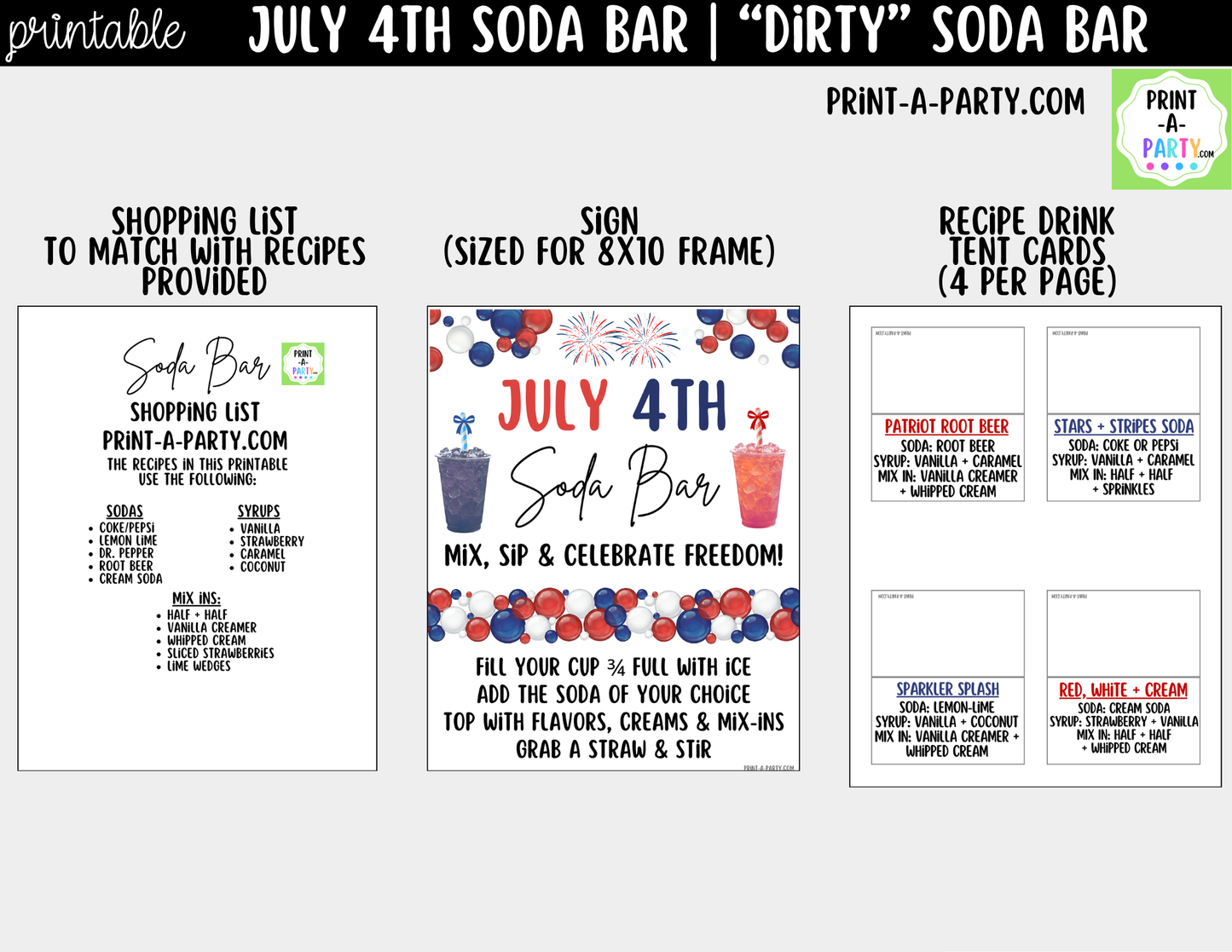 Patriotic 4th of July "Dirty" Soda Bar Printable Kit - Sign (8x10)& Recipe Tent Cards (12 recipes!) Drink Station Decor