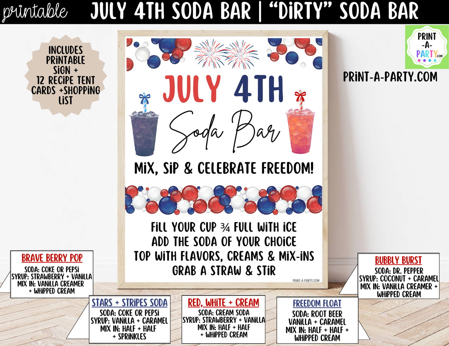 Patriotic 4th of July "Dirty" Soda Bar Printable Kit - Sign (8x10)& Recipe Tent Cards (12 recipes!) Drink Station Decor