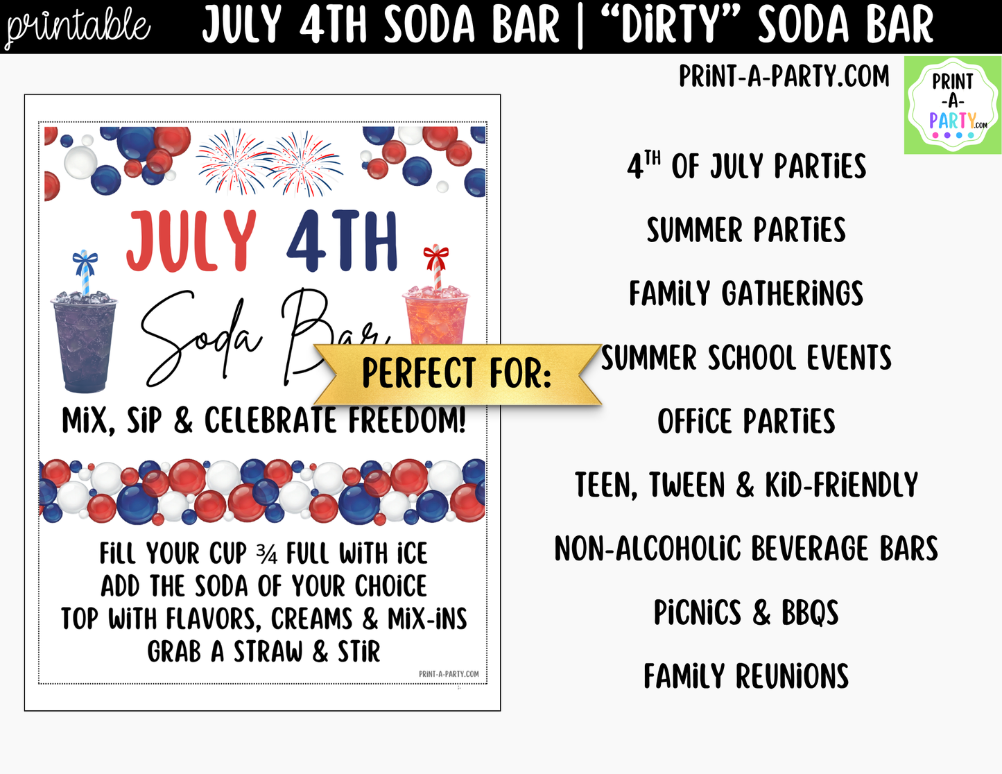 Patriotic 4th of July "Dirty" Soda Bar Printable Kit - Sign (8x10)& Recipe Tent Cards (12 recipes!) Drink Station Decor