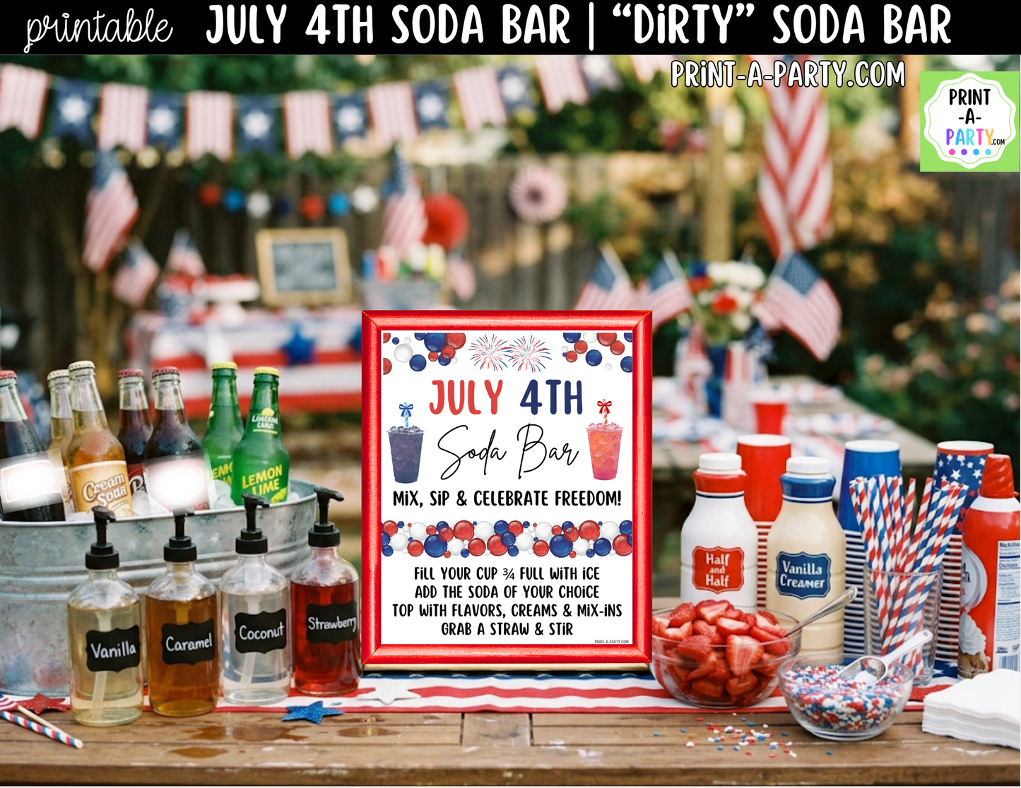 Patriotic 4th of July "Dirty" Soda Bar Printable Kit - Sign (8x10)& Recipe Tent Cards (12 recipes!) Drink Station Decor