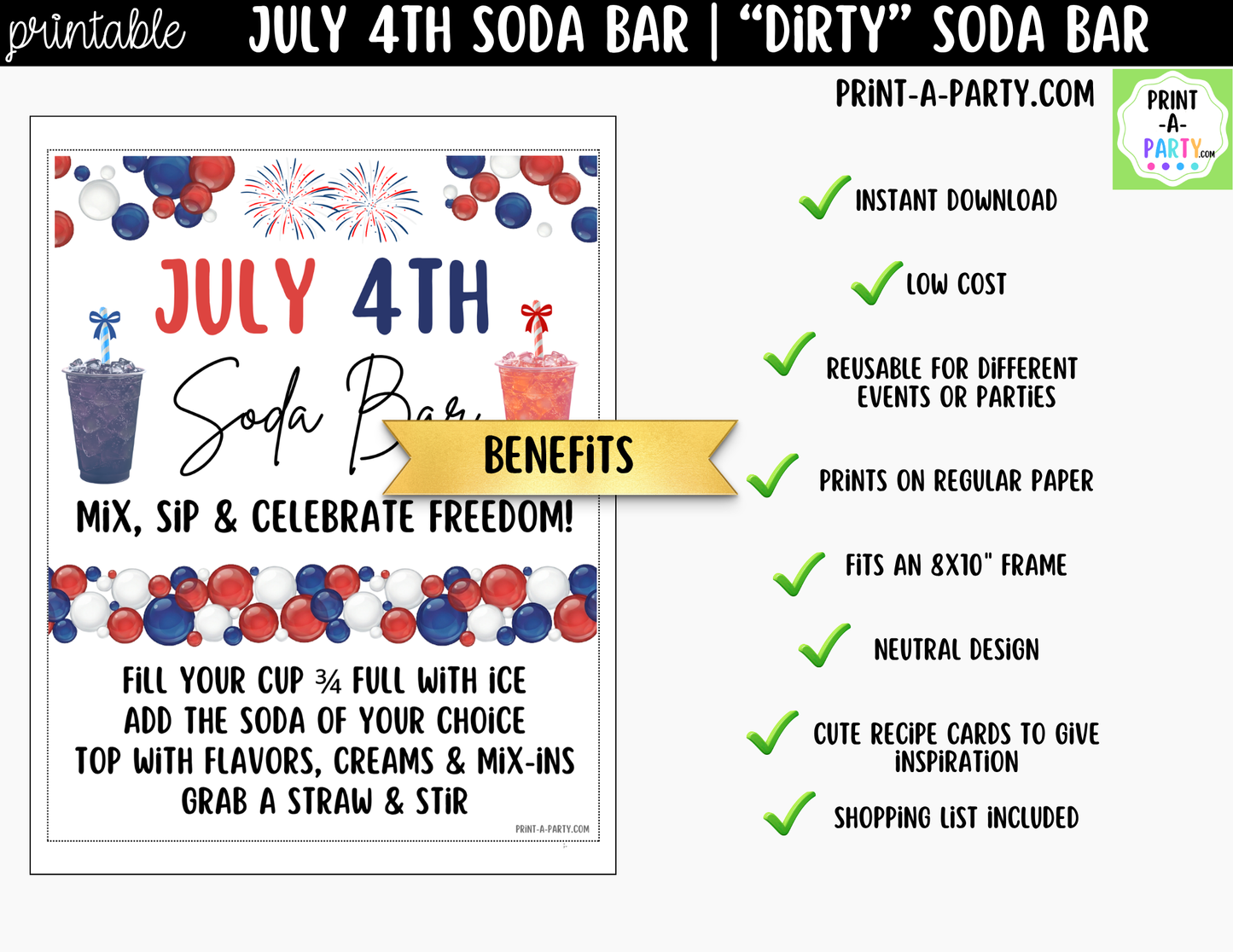 Patriotic 4th of July "Dirty" Soda Bar Printable Kit - Sign (8x10)& Recipe Tent Cards (12 recipes!) Drink Station Decor