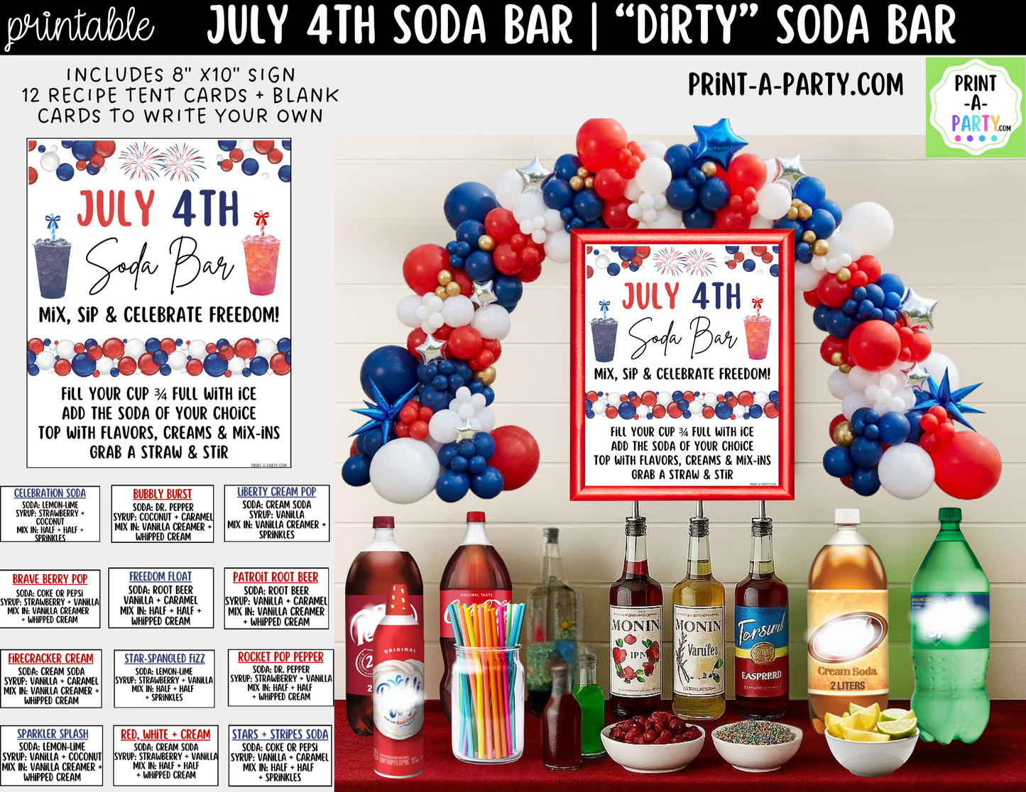 Patriotic 4th of July "Dirty" Soda Bar Printable Kit - Sign (8x10)& Recipe Tent Cards (12 recipes!) Drink Station Decor