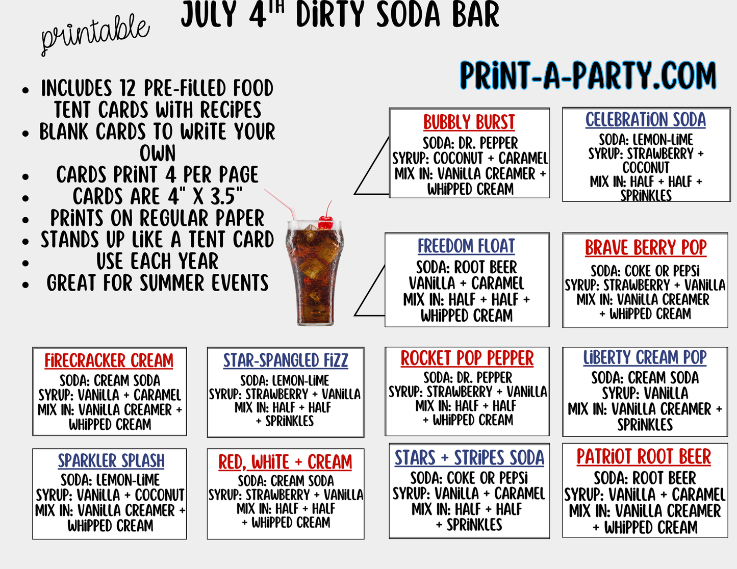 Patriotic 4th of July "Dirty" Soda Bar Printable Kit - Sign (8x10)& Recipe Tent Cards (12 recipes!) Drink Station Decor