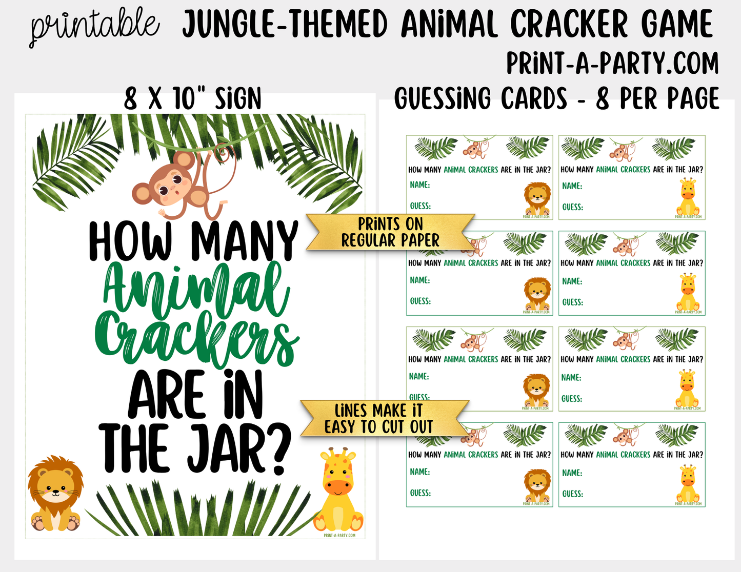 Jungle themed Animal Cracker Jar Game Printable Sign (8x10) & guessing cards for baby showers, jungle parties or classroom