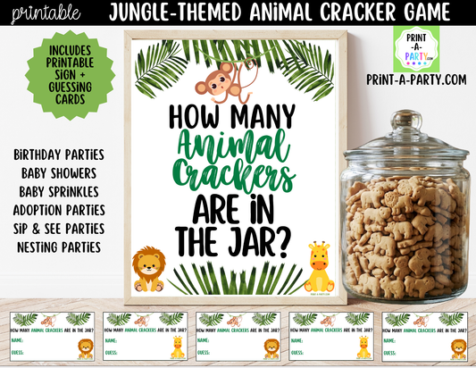 Jungle themed Animal Cracker Jar Game Printable Sign (8x10) & guessing cards for baby showers, jungle parties or classroom