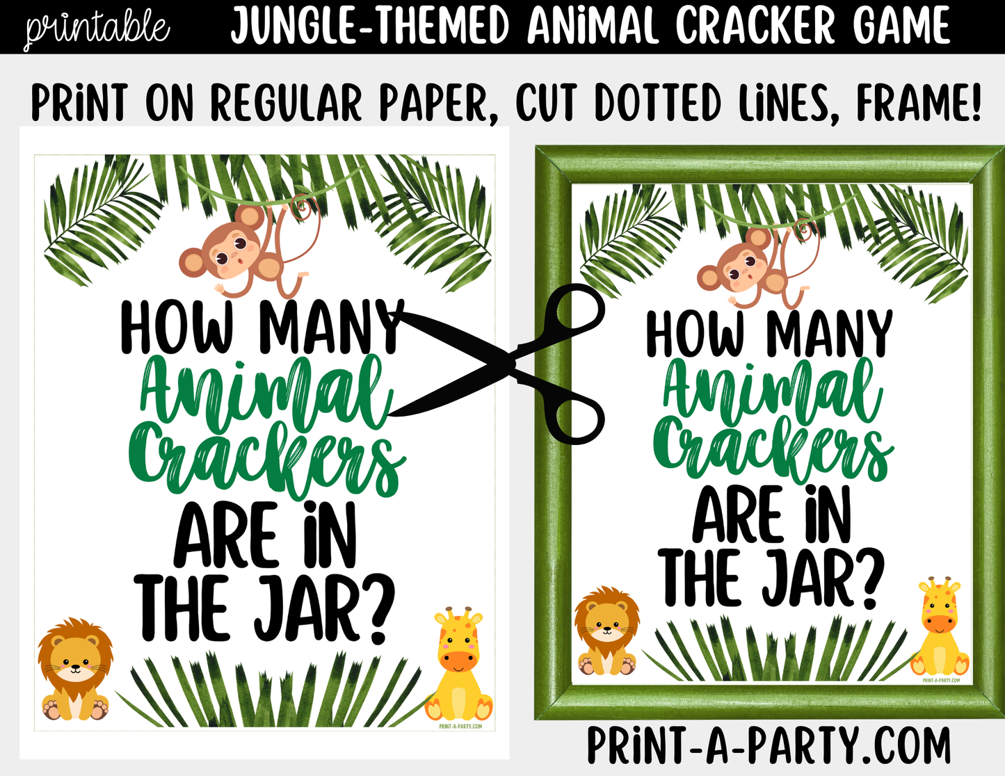 Jungle themed Animal Cracker Jar Game Printable Sign (8x10) & guessing cards for baby showers, jungle parties or classroom