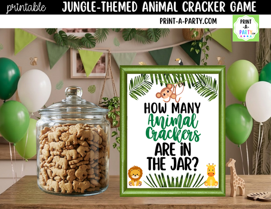 Jungle themed Animal Cracker Jar Game Printable Sign (8x10) & guessing cards for baby showers, jungle parties or classroom