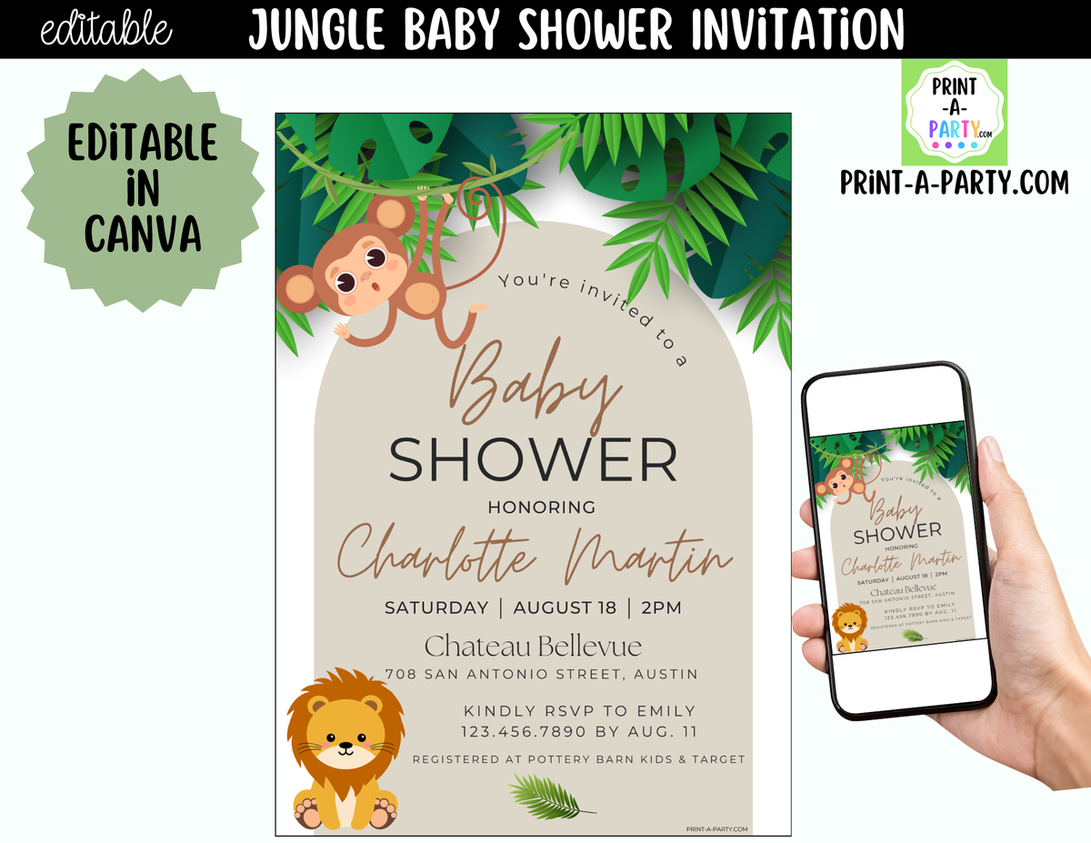 Jungle Baby Shower Invitation | Editable Canva Template