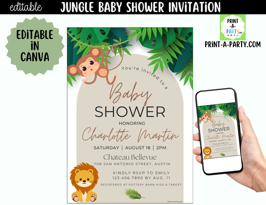 Jungle Baby Shower Invitation | Editable Canva Template