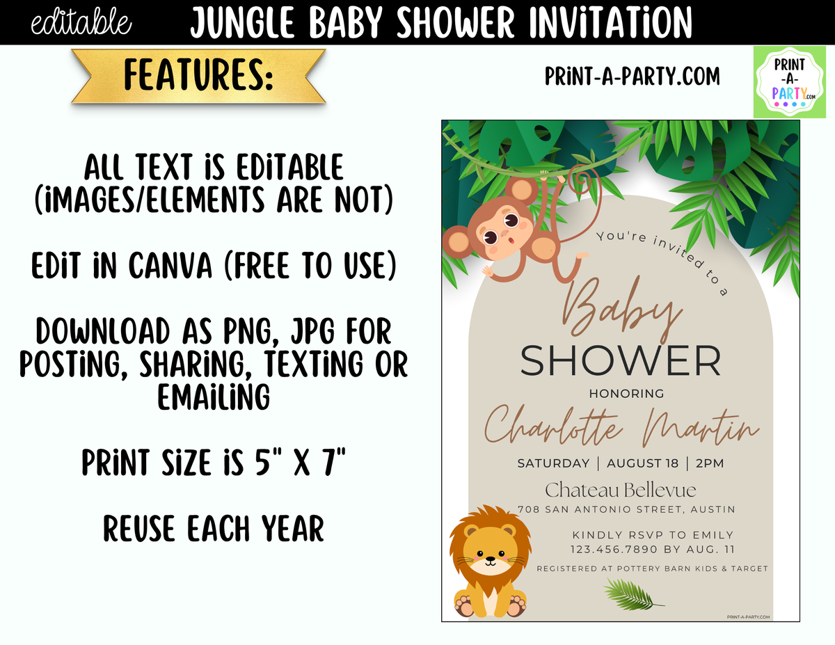 Jungle Baby Shower Invitation | Editable Canva Template