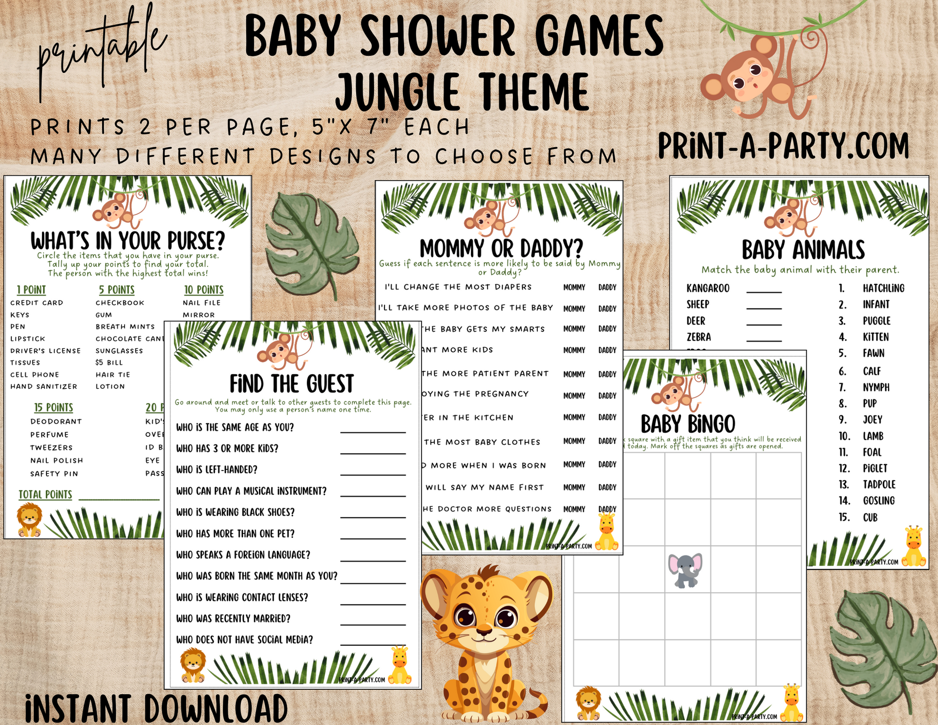 GAMES for Baby Shower | Jungle Baby Shower Theme | Jungle Baby Shower Games  | INSTANT DOWNLOAD - BUNDLE: Jungle Baby Shower Game - ALL 5 GAMES, image size:1920x1484