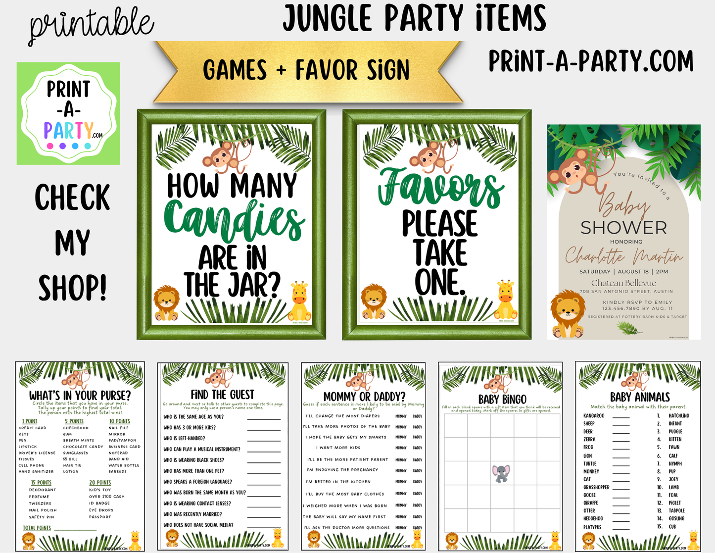 Jungle themed Baby Shower Candy Jar Game Printable Sign (8x10) & guessing cards For Baby Events