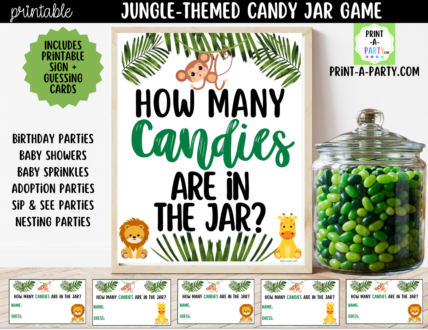 Jungle themed Baby Shower Candy Jar Game Printable Sign (8x10) & guessing cards For Baby Events